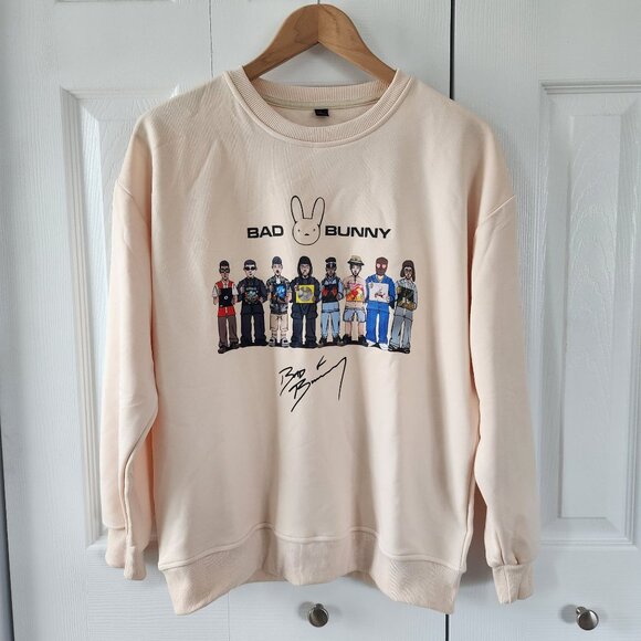 Bad Bunny Long Sleeve Tan Graphic Pullover Sweater - Picture 1 of 7